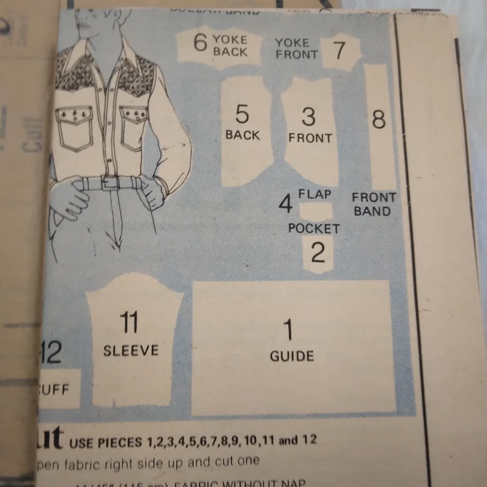 BUTTERICK 5007 Chest 40 Men's Button Front Shirt Front & Back Yokes Pointed Coll